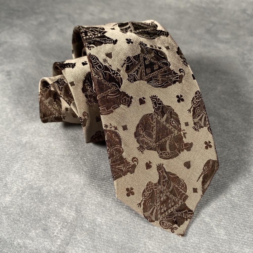 Dominique France Vintage Brown Queen King Heart Spade Clue Diamond Skinny Tie